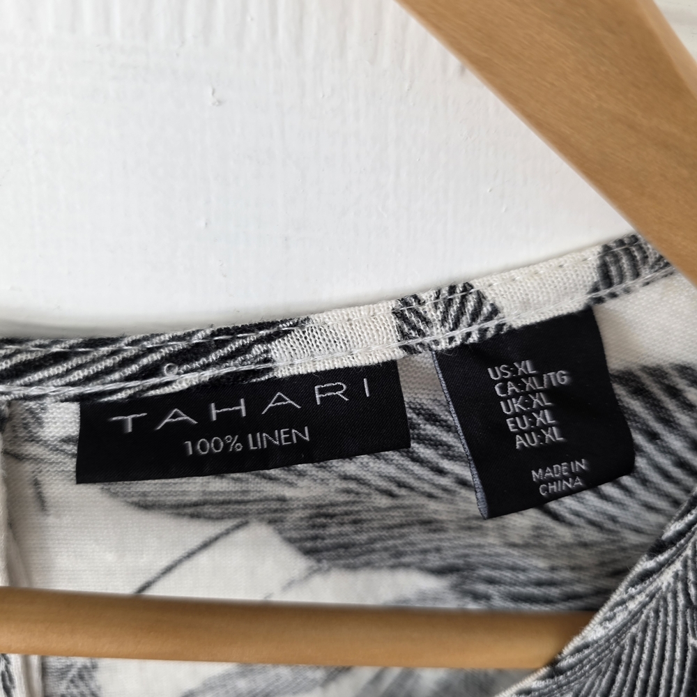 Tahari Monochrome Leaf Print Linen Top - Picture 2 of 10